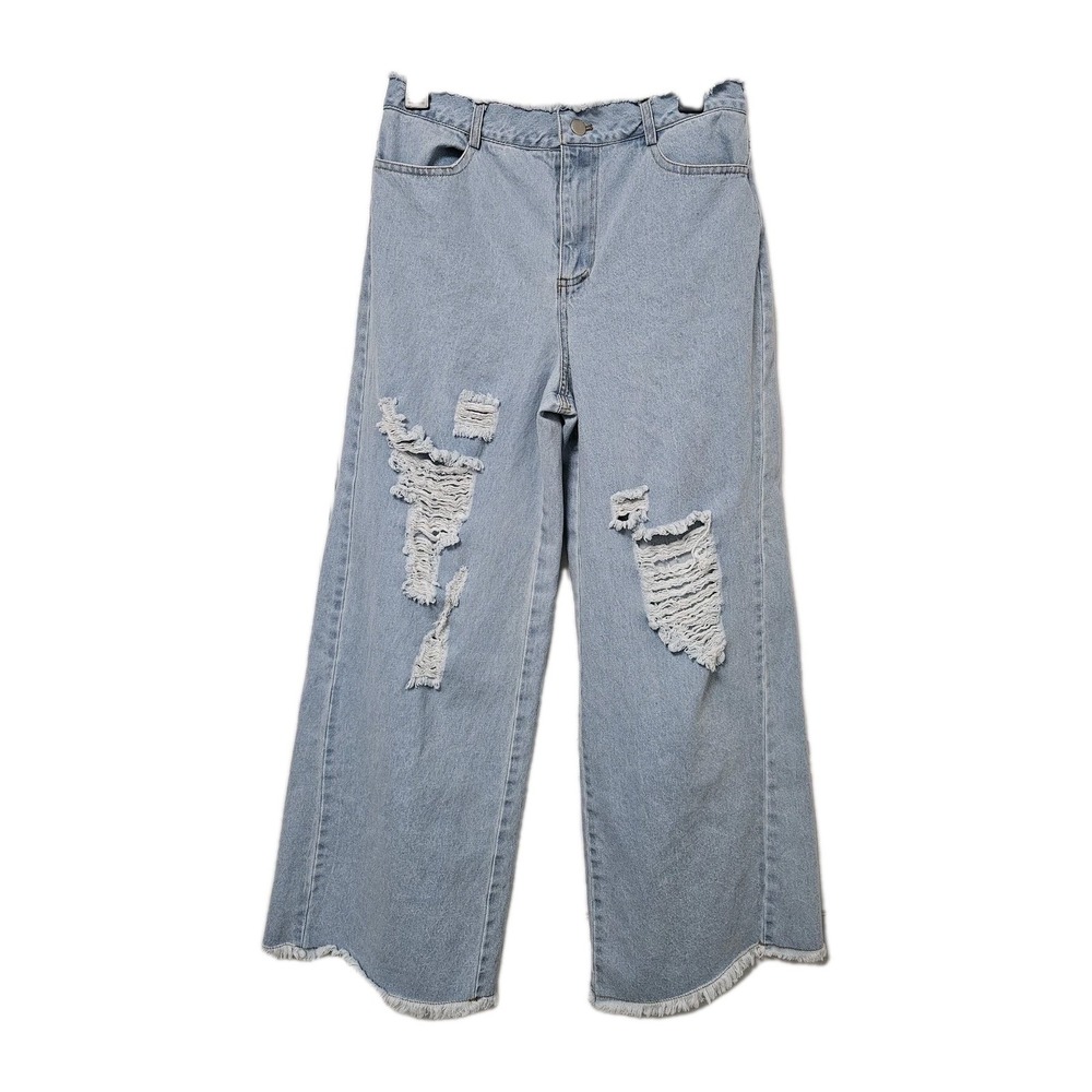 Le Lis Collection Wide Leg Jeans Womens Med Light Wash Distressed Frayed Hem NWT